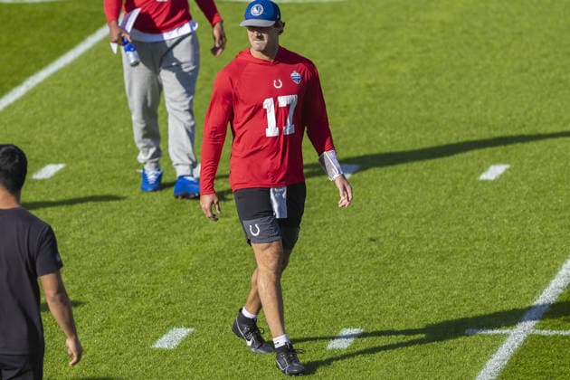 WARE, ENGLAND - October 02: Daniel Jones of the Indianapolis Colts during the Indianapolis Colts training session and practise at the Hanbury Manor Marriott Hotel, Ware, on October 02, 2026 in Hertfordshire, England Copyright: xJodyxDemay-Daviesx xSPPx Sportspressphoto_SPR244118