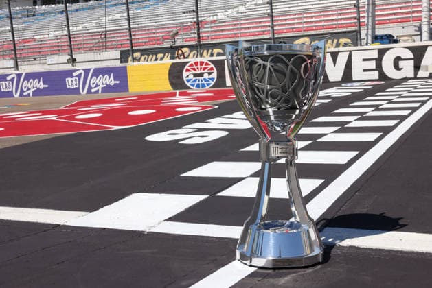 LAS VEGAS, CA - OCTOBER 02: The Kyle Busch 2019 Monster Energy NASCAR, Motorsport, USA Cup Champion Driver trophy on track prior to the South Point 400 NASCAR Cup Series Playoffs race, on October 2, 2026, at Las Vegas Motor Speedway in Las Vegas, NV. (Photo by Jeff Speer Sonoma Raceway Icon Sportswire) AUTO: JUN 28 NASCAR Kyle Busch Trophy EDITORIAL USE ONLY Icon14426100200089