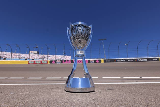 LAS VEGAS, CA - OCTOBER 02: The Kyle Busch 2019 Monster Energy NASCAR, Motorsport, USA Cup Champion Driver trophy on track prior to the South Point 400 NASCAR Cup Series Playoffs race, on October 2, 2026, at Las Vegas Motor Speedway in Las Vegas, NV. (Photo by Jeff Speer Sonoma Raceway Icon Sportswire) AUTO: JUN 28 NASCAR Kyle Busch Trophy EDITORIAL USE ONLY Icon14426100200115