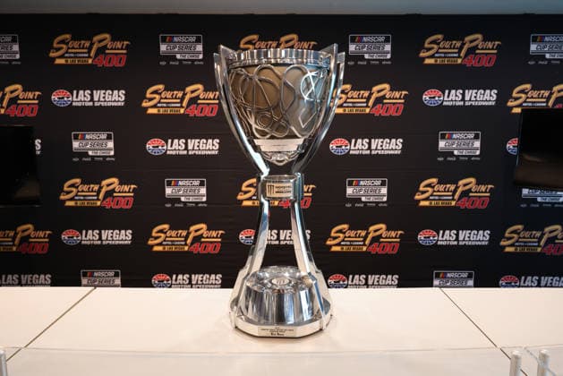 LAS VEGAS, CA - OCTOBER 02: The Kyle Busch 2019 Monster Energy NASCAR, Motorsport, USA Cup Champion Driver trophy in the media center prior to the South Point 400 NASCAR Cup Series Playoffs race, on October 2, 2026, at Las Vegas Motor Speedway in Las Vegas, NV. (Photo by Jeff Speer Sonoma Raceway Icon Sportswire) AUTO: JUN 28 NASCAR Kyle Busch Trophy EDITORIAL USE ONLY Icon14426100200618