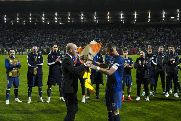 Edin Dzeko bids farewell to Bosnia and Herzegovina national team, Nationalteam ZENICA, BOSNIA AND HERZEGOVINA - OCTOBER 02: Edin Dzeko (11) of Bosnia and Herzegovina plays his final match for the national team during the UEFA Nations League Group B4 soccer match between Bosnia and Herzegovina and Sweden at Bilino Polje Stadium in Zenica, Bosnia and Herzegovina, on October 02, 2026, before being lifted onto his teammates’ shoulders and bidding farewell to supporters alongside his family after the match. Samir Jordamovic Anadolu Zenica Bosnia and Herzegovina. Editorial use only. Please get in touch for any other usage.  Copyright: x2026xAnadoluxSamirxJordamovicx