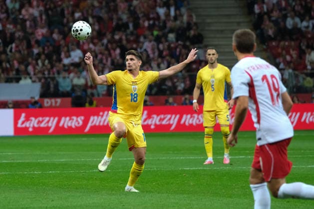 October 2, 2026, Warsaw, Masovian Voivodeship, Poland: Romania s RAZVAN MARIN (18) in action during a UEFA Nations League Group B4 match between the Polish and Romanian national teams at the PGE Narodowy Stadium in Warsaw. Poland went on to win against Romania 6 goals to 0. Soccer 2026: UEFA Nations League: Poland 6:0 Romania  - ZUMAk204 20261002_zip_k204_013 Copyright: xRomanxKozielx