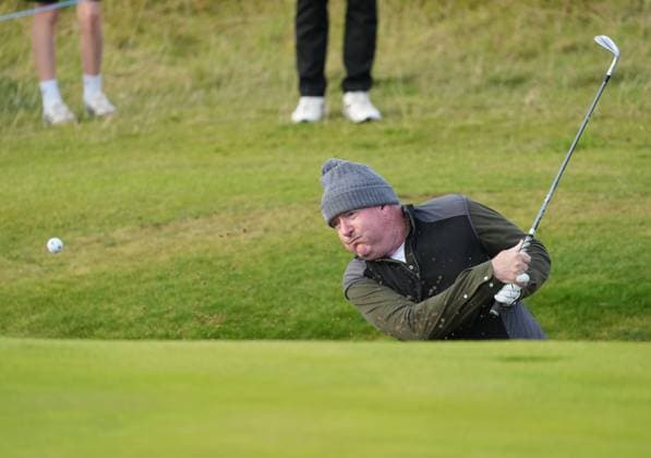 Piers Morgan plays from a bunker on the 2nd hole Alfred Dunhill Links Championship, Round 3, Kingsbarns Golf Links, Fife, UK, Scotland - 03 Oct 2026 United Kingdom  Copyright: xStuartxWallace Shutterstockx 17183186aq