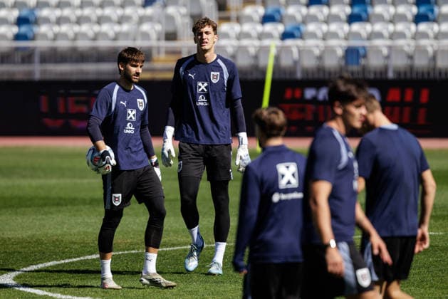SOCCER - NL, KOS vs AUT PRISTINA,KOSOVO,03.OCT.26 - SOCCER - UEFA Nations League, OEFB international match, Länderspiel, Nationalmannschaft Kosovo vs Austria, preview, training team AUT. Image shows Matteo Bignetti and Florian Wiegele (AUT).  GEPAxpictures xArminxRauthner