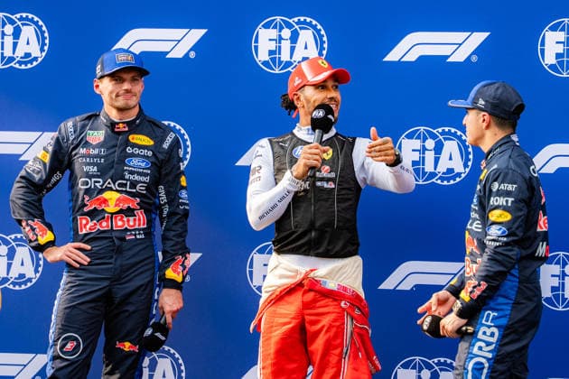 2026 Malaysian GP - Sepang Circuit - Pilots LEWIS HAMILTON 44 (GBR) of Scuderia Ferrari HP (Ferrari SF-26) MAX VERSTAPPEN 1 (NED) of Oracle Red Bull Racing (Red Bull Racing RB22) and ISACK HADJAR 6 (FRA) of Oracle Red Bull Racing (Red Bull Racing RB22) after qualifying top 3 on Saturday during the 2026 Formula 1 Gulf Air Bahrain Grand Prix in Malaysia at Sepang International Circuit in Kuala Lumpur, Malaysia, on October 3, 2026. Photo by Antoine Lapeyre Reveries Agency ABACAPRESS.COM Kuala Lumpur Malaysia  Copyright: xAntoinexLapeyre ReveriesxAgency ABACAx