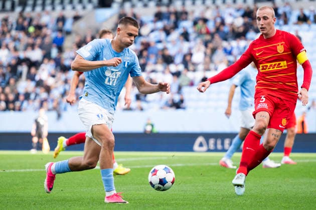 261003 Jovan Milosavljevic of Malmö FF and Tobias Salquist of FC Nordsjälland during the Friendly match between Malmö FF and FC Nordsjälland on October 3, 2026 in Malmö. Photo: Avdo Bilkanovic BILDBYRAN COP 115 AB0391 fotboll football soccer fotball träningsmatch friendly match malmö ff fc nordsjälland bbeng Copyright: AVDOxBILKANOVIC BB261003AB021