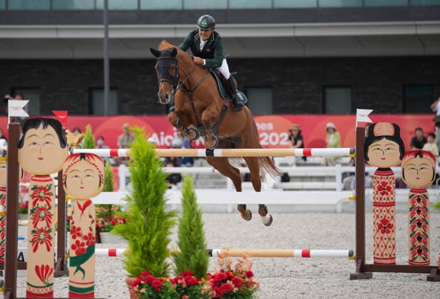 (261003) -- TOKYO, Oct. 3, 2026 -- Ramzy Hamad A Alduhami of Saudi Arabia competes during the jumping Ind B (up to 1.55m) 1st round of equestrian at the 20th Asian Games Aichi-Nagoya 2026 in Tokyo, Japan, Oct. 3, 2026. (Photo by Xinhua) (SP)JAPAN-TOKYO-ASIAN GAMES-EQUESTRIAN-JUMPING IND B WangxShen 
