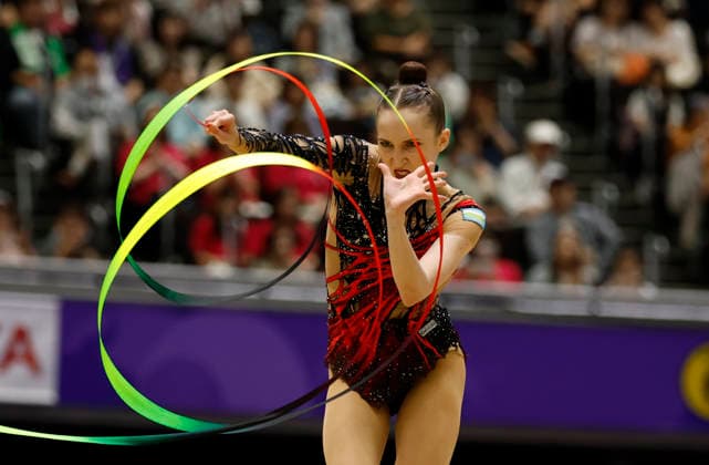 (261003) -- NAGOYA, Oct. 3, 2026 -- Takhmina Ikromova of Uzbekistan competes during the Individual All-Around Final of Rhythmic gymnastics, Rhythmische Sportgymnastik, RSG at 20th Asian Games Aichi-Nagoya 2026 in Nagoya, Japan, Oct. 3, 2026. ) (SP)JAPAN-NAGOYA-ASIAN GAMES-RHYTHMIC GYMNASTICS-INDIVIDUAL ALL-AROUND-FINAL WuxZhizun 