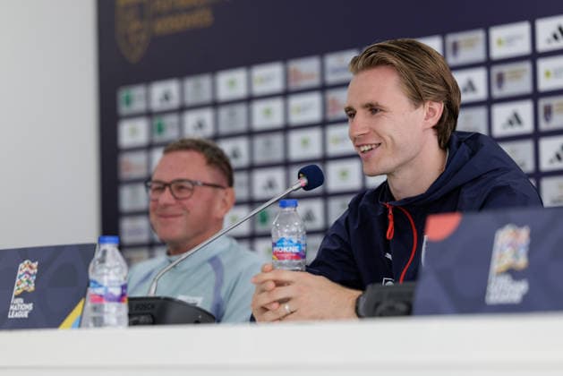 SOCCER - NL, KOS vs AUT PRISTINA,KOSOVO,03.OCT.26 - SOCCER - UEFA Nations League, OEFB international match, Länderspiel, Nationalmannschaft Kosovo vs Austria, preview, press conference, PK, Pressekonferenz team AUT. Image shows head coach Ralf Rangnick and Patrick Wimmer (AUT). GEPAxpictures xArminxRauthner