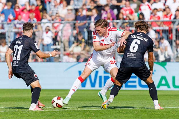 KOELN, GERMANY - OCTOBER 3, 2026: Marius Bülter (1. FC Köln, 30), Tobias Eisenhuth (FC Viktoria Köln, 6) and Lucas Wolf (FC Viktoria Köln, 21) during the friendly match between FC Viktoria Köln vs. 1. FC Köln at the Sportpark Hoehenberg on October 3, 2026 in Koeln, Germany. DFL REGULATIONS PROHIBIT ANY USE OF PHOTOGRAPHS AS IMAGE SEQUENCES AND OR QUASI-VIDEO. Nordrhein-Westfalen Germany Copyright: xLeahxKohringx