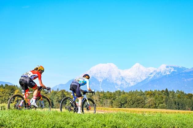 Belgium s Margot Vanpachtenbeke and Austria s Carina Schrempf are pictured in action during the elite women Road Race race (130 km) at the cycling UEC Road European Championships, in Ljubljana, Slovenia Saturday 3 October 2026. The UEC Road European Championships are taking place from 02 to 07 October in Ljubljana, Slovenia. DAVIDxPINTENS  x188613307x