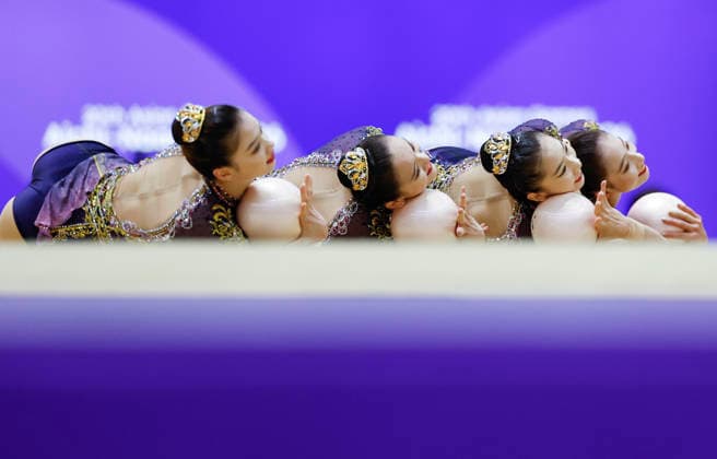 (261003) -- NAGOYA, Oct. 3, 2026 -- Players of team China compete during the Group All-Around of Rhythmic gymnastics, Rhythmische Sportgymnastik, RSG at 20th Asian Games Aichi-Nagoya 2026 in Nagoya, Japan, Oct. 3, 2026. ) (SP)JAPAN-NAGOYA-ASIAN GAMES-RHYTHMIC GYMNASTICS-GROUP ALL-AROUND-FINAL WuxZhizun 