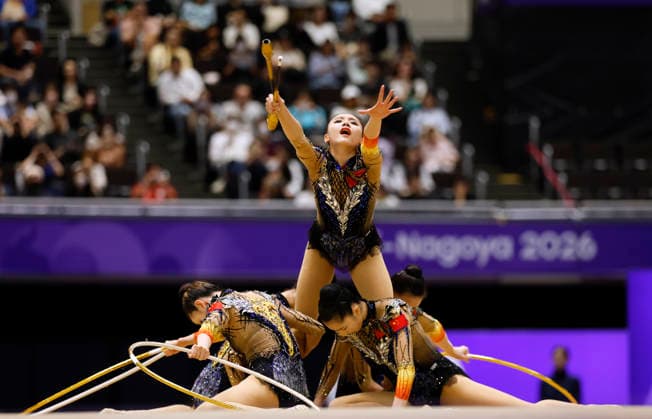 (261003) -- NAGOYA, Oct. 3, 2026 -- Players of team China compete during the Group All-Around of Rhythmic gymnastics, Rhythmische Sportgymnastik, RSG at 20th Asian Games Aichi-Nagoya 2026 in Nagoya, Japan, Oct. 3, 2026. ) (SP)JAPAN-NAGOYA-ASIAN GAMES-RHYTHMIC GYMNASTICS-GROUP ALL-AROUND-FINAL WuxZhizun 