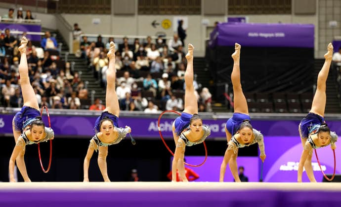 (261003) -- NAGOYA, Oct. 3, 2026 -- Players of team Japan compete during the Group All-Around of Rhythmic gymnastics, Rhythmische Sportgymnastik, RSG at 20th Asian Games Aichi-Nagoya 2026 in Nagoya, Japan, Oct. 3, 2026. ) (SP)JAPAN-NAGOYA-ASIAN GAMES-RHYTHMIC GYMNASTICS-GROUP ALL-AROUND-FINAL WuxZhizun 