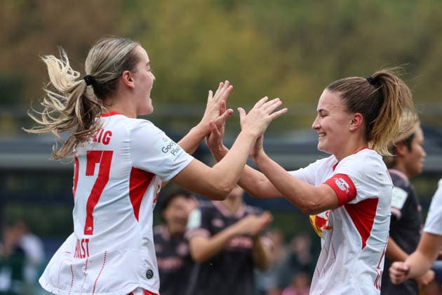 Deutschland: Fußball Google Pixel Frauen-Bundesliga 2026 - 2027, 6. Spieltag - RB Leipzig gegen FSV Mainz 05, Trainingszentrum von RB Leipzig (Leipzig): Tor und Jubel zum 4:0 von Annabel Schasching (RB Leipzig Frauen, 16) Copyright: xLucasxWalterx