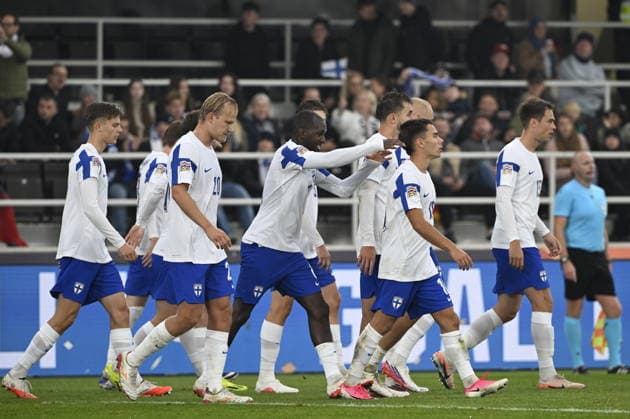 LKS 20261003 Team Finland players celebrate after 10 Leo Walta scored teams second goal 2-1during the UEFA Nations League Group C1 football match between Finland and Albania in Helsinki, Finland, on October 3, 2026. - EMMI KORHONEN Helsinki Finland x3gv2klVQyQ  Copyright: xEmmixKorhonenx x3gv2klVQyQ