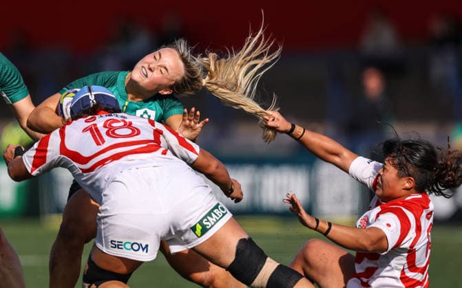 Women s International Test Match, Virgin Media Park, Cork 3 10 2026 Ireland vs Japan Ireland s Aoife Dalton has her hair pulled as she is tackled by Nijiho Nagata of Japan Aoife Dalton has her hair pulled as she is tackled by Nijiho Nagata 3 10 2026  Copyright: xx BB3_2148