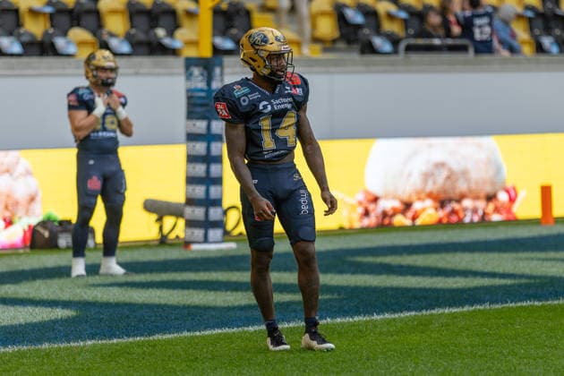 Davon Ferguson (Dresden Monarchs, 14 Defensive Back) before the game Dresden Monarchs vs Potsdam Royals, American Football, German Football League, Week 22, Championship Game, 2026, 03.10.2026, Dresden Rudolf Harbig Stadion Saxony Germany Copyright: xPFA SebastianxJustx