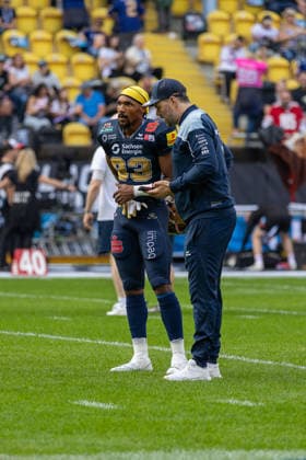 Tyler Hudson (Dresden Monarchs, 83 Wide Receiver) before the game Dresden Monarchs vs Potsdam Royals, American Football, German Football League, Week 22, Championship Game, 2026, 03.10.2026, Dresden Rudolf Harbig Stadion Saxony Germany Copyright: xPFA SebastianxJustx