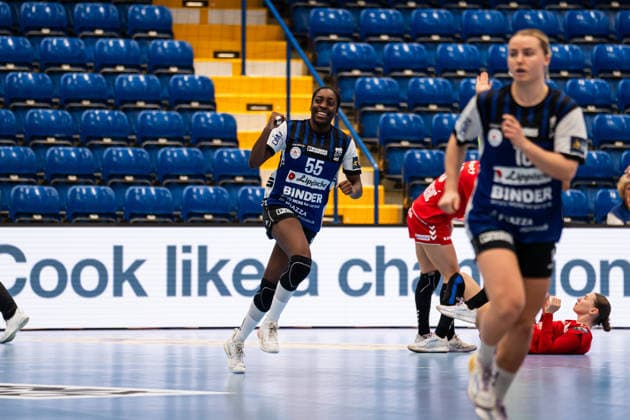 HSG Blomberg-Lippe (GER) vs. HC Podravka (CRO), Handball, EHF Champions League Women, Gruppenphase, 3.10.2026, Saision 2026 2027, Lemgo Farrelle Njinkeu (HSG Blomberg-Lippe, 55) jubelt nach einem Tor Lemgo Phoenix Contact Arena Deutschland
