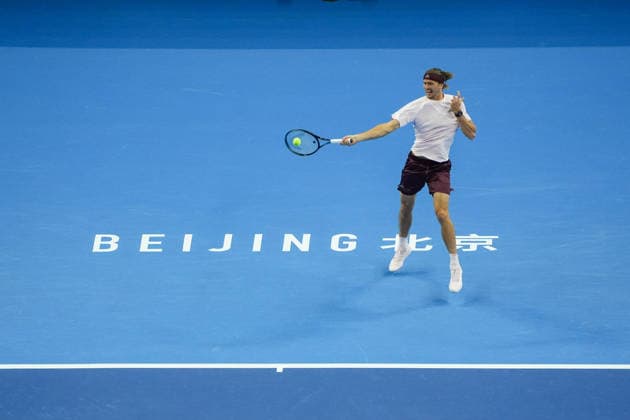 (261003) -- BEIJING, Oct. 3, 2026 -- Alexander Zverev of Germany hits a return to Shang Juncheng of China during the men s singles second round match at 2026 China Open tennis tournament in Beijing, China, Oct. 3, 2026. ) (SP)CHINA-BEIJING-TENNIS-CHINA OPEN-MEN S SINGLES(CN) XiexHan 