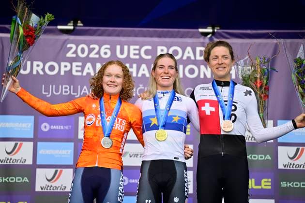 UEC 2026 Road European Championships Ljubljana 03 10 2026 LJUBLJANA, SLOVENIA - OCTOBER 03 : Vollering Demi (NED) of FDJ United - SUEZ, Pieterse Puck (NED) of Fenix-Premier Tech and Reusser Marlen (SUI) of Movistar Team during the podium ceremony of the Women Elite cycling road race of the 2026 UEC Road European Championships Ljubljana. An UCI Continental Championships cycling race of 130 km with start in Ljubljana and finish in Sencur on October 3, 2026 in Ljubljana, Slovenia, 03 10 2026 Ljubljana Slovenia  Copyright: xJanxDexMeuleneirx