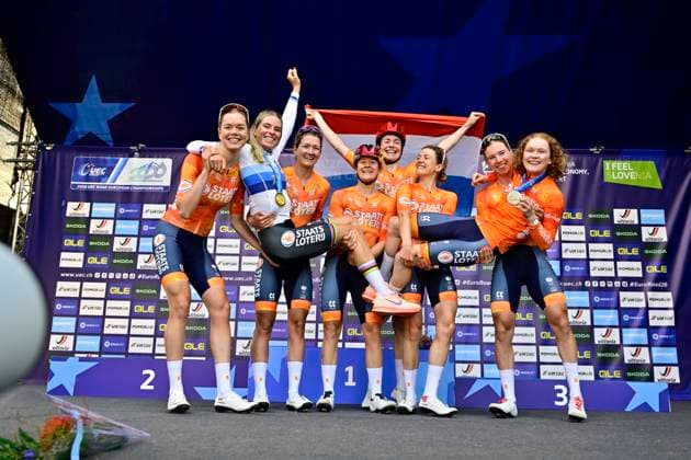 UEC 2026 Road European Championships Ljubljana 03 10 2026 LJUBLJANA, SLOVENIA - OCTOBER 03 : Vollering Demi (NED) of FDJ United - SUEZ, Pieterse Puck (NED) and the team of the Netherlands of Movistar Team during the podium ceremony of the Women Elite cycling road race of the 2026 UEC Road European Championships Ljubljana. An UCI Continental Championships cycling race of 130 km with start in Ljubljana and finish in Sencur on October 3, 2026 in Ljubljana, Slovenia, 03 10 2026 Ljubljana Slovenia  Copyright: xJanxDexMeuleneirx