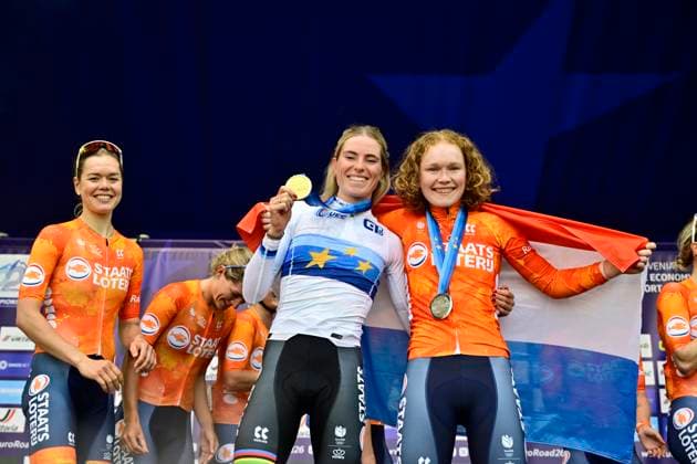 UEC 2026 Road European Championships Ljubljana 03 10 2026 LJUBLJANA, SLOVENIA - OCTOBER 03 : Vollering Demi (NED) of FDJ United - SUEZ and Pieterse Puck (NED) of Fenix-Premier Tech during the podium ceremony of the Women Elite cycling road race of the 2026 UEC Road European Championships Ljubljana. An UCI Continental Championships cycling race of 130 km with start in Ljubljana and finish in Sencur on October 3, 2026 in Ljubljana, Slovenia, 03 10 2026 Ljubljana Slovenia  Copyright: xJanxDexMeuleneirx