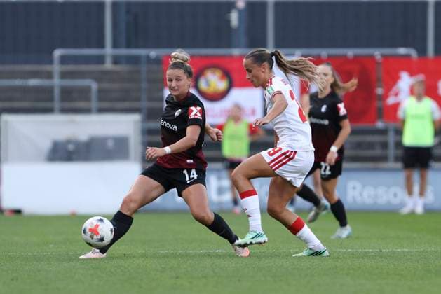 Carina Brunold (SC Freiburg) und Vanessa Leimenstoll (1. FC Koeln) im Zweikampf waehrend des Spiels der Frauen Bundesliga zwischen 1.FC Koeln und SC Freiburg, Franz-Kremer-Stadion am 03. October 2026 in Koeln, Deutschland. (Foto von Oliver Kaelke DeFodi Images) +++ Carina Brunold (SC Freiburg) und Vanessa Leimenstoll (1. FC Koeln) battle for the ball during the Bundesliga match between 1.FC Koeln and SC Freiburg at Franz-Kremer-Stadion on October 3, 2026 in Cologne, Germany. (Photo by Oliver Kaelke DeFodi Images) DFB DFL REGULATIONS PROHIBIT ANY USE OF PHOTOGRAPHS AS IMAGE SEQUENCES AND OR QUASI-VIDEO. (Photo by Oliver Kaelke DeFodi Images) -