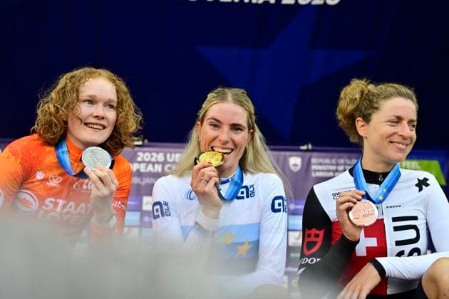 UEC 2026 Road European Championships Ljubljana 03 10 2026 LJUBLJANA, SLOVENIA - OCTOBER 03 : Vollering Demi (NED) of FDJ United - SUEZ Pieterse Puck (NED) of Fenix-Premier Tech and Reusser Marlen (SUI) of Movistar Team during the podium ceremony of the Women Elite cycling road race of the 2026 UEC Road European Championships Ljubljana. An UCI Continental Championships cycling race of 130 km with start in Ljubljana and finish in Sencur on October 3, 2026 in Ljubljana, Slovenia, 03 10 2026 Ljubljana Slovenia  Copyright: xJanxDexMeuleneirx