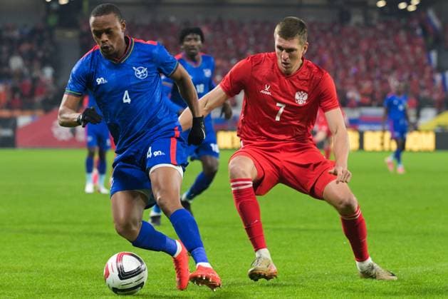 Russia Soccer Friendly Russia - Namibia 9256822 03.10.2026 Namibia s Riaan Hanamub and Russia s Aleksandr Sobolev struggle for a ball during the friendly soccer match between Russia and Namibia at Yekaterinburg Arena in Yekaterinburg, Russia. Grigory Sysoev Sputnik Yekaterinburg Sverdlovsk Oblast Region Russia  Copyright: xGrigoryxSysoevx