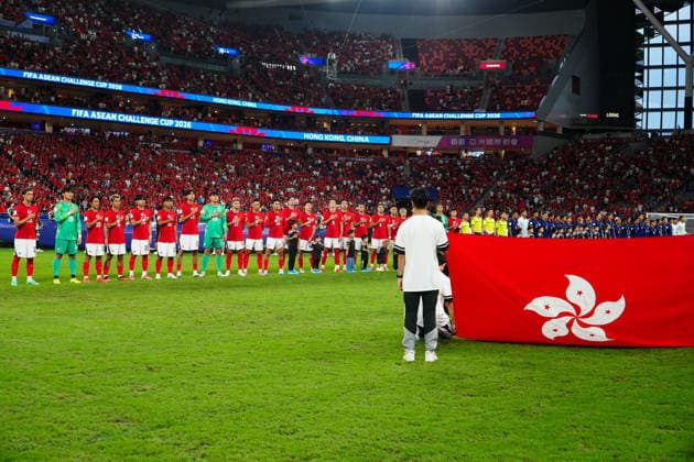 HONG KONG-SPORTS ASEAN-CUP Players of Hong Kong, China sing the China national anthem ahead of the FIFA ASEAN Challenge Cup final against Cambodia at Kai Tak Stadium in Hong Kong on October 3, 2026. (Photo by Zulu Lo TMHK via Nexpher Images) Hong Kong