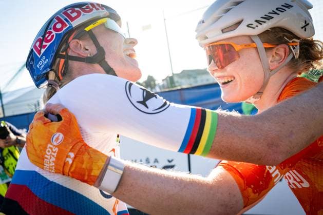 Netherlands Demi Vollering and Netherlands Puck Pieterse celebrates after the elite women Road Race race (130 km) at the cycling UEC Road European Championships, in Ljubljana, Slovenia Saturday 3 October 2026. The UEC Road European Championships are taking place from 02 to 07 October in Ljubljana, Slovenia. DAVIDxPINTENS  x188626850x