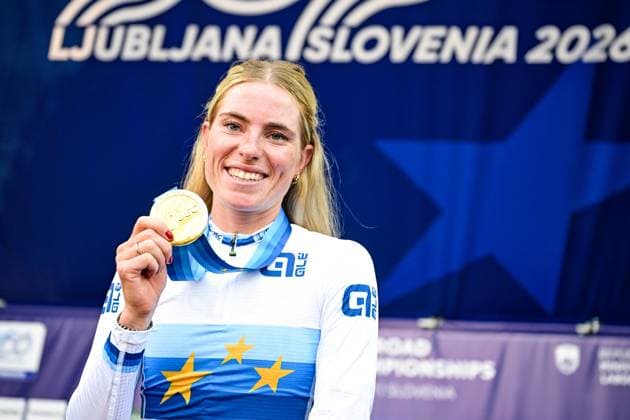 Netherlands Demi Vollering celebrates after winning the elite women Road Race race (130 km) at the cycling UEC Road European Championships, in Ljubljana, Slovenia Saturday 3 October 2026. The UEC Road European Championships are taking place from 02 to 07 October in Ljubljana, Slovenia. DAVIDxPINTENS  x188627312x