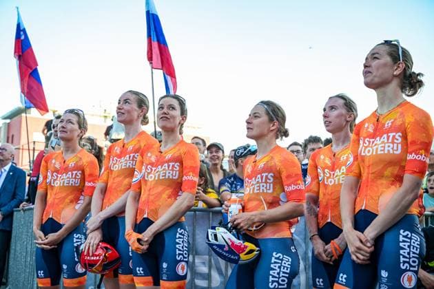 Netherlands Demi Vollering celebrates with the Dutch team on the podium after winning the elite women Road Race race (130 km) at the cycling UEC Road European Championships, in Ljubljana, Slovenia Saturday 3 October 2026. The UEC Road European Championships are taking place from 02 to 07 October in Ljubljana, Slovenia. DAVIDxPINTENS  x188627290x