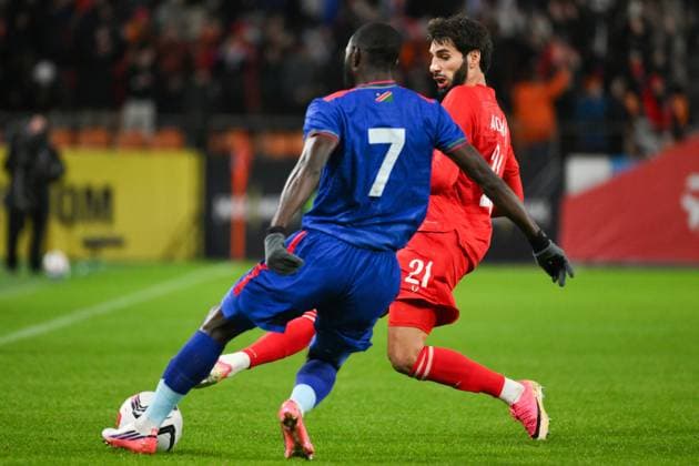 Russia Soccer Friendly Russia - Namibia 9256882 03.10.2026 Namibia s Deon Hotto and Russia s Arsen Adamov struggle for a ball during the friendly soccer match between Russia and Namibia at Yekaterinburg Arena in Yekaterinburg, Russia. Grigory Sysoev Sputnik Yekaterinburg Sverdlovsk Oblast Region Russia  Copyright: xGrigoryxSysoevx