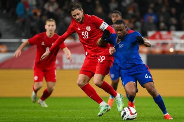 Russia Soccer Friendly Russia - Namibia 9256905 03.10.2026 Russia s Aleksei Miranchuk and Namibia s Riaan Hanamub struggle for a ball during the friendly soccer match between Russia and Namibia at Yekaterinburg Arena in Yekaterinburg, Russia. Grigory Sysoev Sputnik Yekaterinburg Sverdlovsk Oblast Region Russia  Copyright: xGrigoryxSysoevx