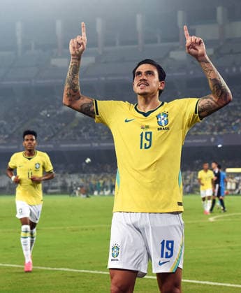 RECORD DATE NOT STATED International Friendly, Länderspiel, Nationalmannschaft football match between India and Brazil Kolkata, Oct 03 (ANI): Brazil footballer Pedro celebrates after scoring a goal during the international friendly football match between India and Brazil at Salt Lake Stadium, in Kolkata on Saturday. Kolkata West Bengal India Copyright: xANIx ANI_20261003383