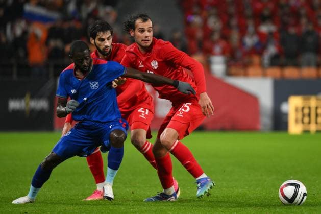 Russia Soccer Friendly Russia - Namibia 9256912 03.10.2026 Namibia s Deon Hotto, Russia s Arsen Adamov and Russia s Artem Karpukas struggle for a ball during the friendly soccer match between Russia and Namibia at Yekaterinburg Arena in Yekaterinburg, Russia. Grigory Sysoev Sputnik Yekaterinburg Sverdlovsk Oblast Region Russia  Copyright: xGrigoryxSysoevx