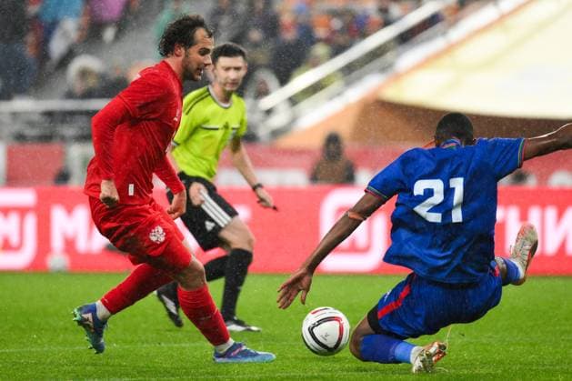 Russia Soccer Friendly Russia - Namibia 9256919 03.10.2026 Russia s Artem Karpukas and Namibia s Kennedy Eib struggle for a ball during the friendly soccer match between Russia and Namibia at Yekaterinburg Arena in Yekaterinburg, Russia. Grigory Sysoev Sputnik Yekaterinburg Sverdlovsk Oblast Region Russia  Copyright: xGrigoryxSysoevx
