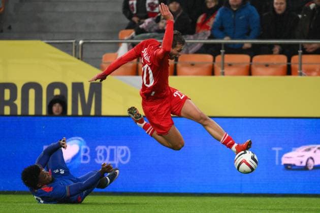 Russia Soccer Friendly Russia - Namibia 9256922 03.10.2026 Russia s Lechi Sadulayev struggles for a ball during the friendly soccer match between Russia and Namibia at Yekaterinburg Arena in Yekaterinburg, Russia. Grigory Sysoev Sputnik Yekaterinburg Sverdlovsk Oblast Region Russia  Copyright: xGrigoryxSysoevx