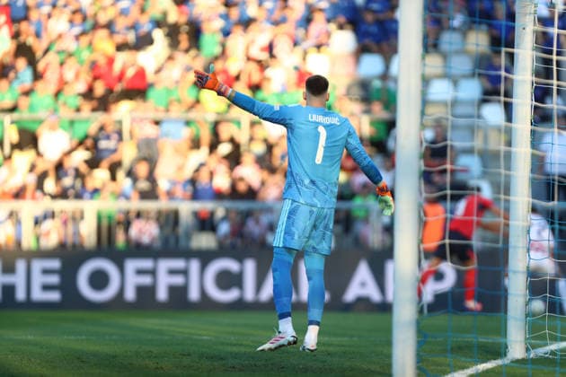 Rijeka, Croatia, 3rd October 2026. UEFA Nations League. Matchday 3, Group A3. Croatia v England at Rujevica, Rijeka. Dominik LIVAKOVIC (1) at goal. Croatia v England, UEFA Nations League. 