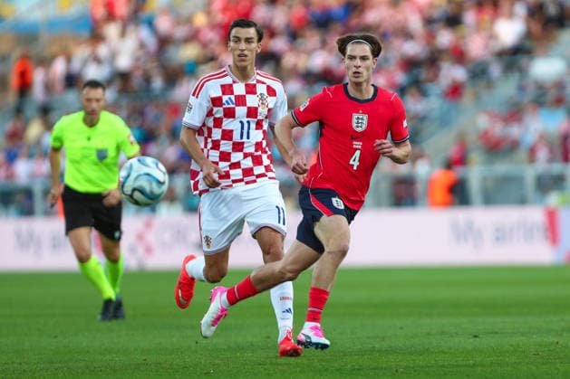 Rijeka, Croatia, 3rd October 2026. UEFA Nations League. Matchday 3, Group A3. Croatia v England at Rujevica, Rijeka. Alex SCOTT (4) and Petar MUSA (11). Croatia v England, UEFA Nations League. 