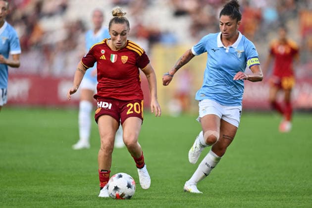SOCCER - Women s Serie A - AS Roma vs. SS Lazio Women Photo by IPA ABACAPRESS.COM89264951 - Giada Greggi of A.S. Roma Femminile and Antonietta Castiello of S.S. Lazio Women are in action during the Serie A Women Athora, Match Day 2, between A.S. Roma Women and S.S. Lazio Women, at the Tre Fontane Stadium on October 3, 2026, in Rome, Italy. Rome Italy  Copyright: xIPAxSport ABACAx