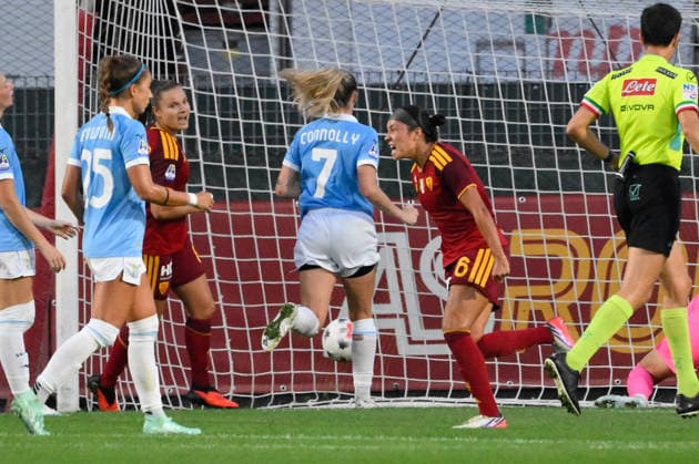 IPA89265736 - AS Roma s Maya Loren Domes celebrates after scoring the goal that made the score 1-0 during the Italian Serie A Women s Athora 2026 2027 match between AS Roma Women and SS Lazio Women at the Tre Fontane Stadium on October 3, 2026.  Copyright: xFabrizioxCorradetti IPAxSportx xx IPA89265736