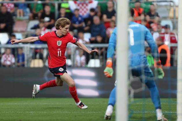 Rijeka, Croatia, 3rd October 2026. UEFA Nations League. Matchday 3, Group A3. Croatia v England at Rujevica, Rijeka. Anthony GORDON (11) shooting at goal. Croatia v England, UEFA Nations League. 