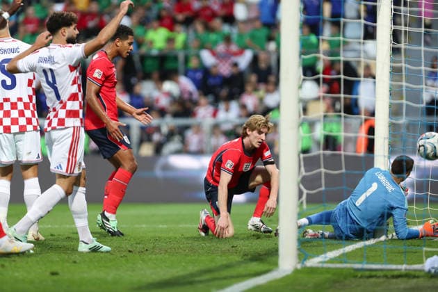 Rijeka, Croatia, 3rd October 2026. UEFA Nations League. Matchday 3, Group A3. Croatia v England at Rujevica, Rijeka. Alex SCOTT (4) and Dominik LIVAKOVIC (1) looking at the ball in the goal. Croatia v England, UEFA Nations League. 
