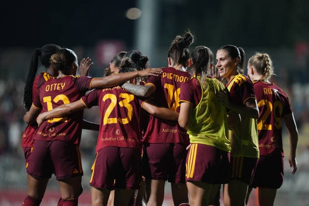 Roma™s Alice Corelli celebrates after scoring during the Serie A Women soccer match between Roma and Lazio at the Rome s Tre Fontane stadium, Italy - Saturday October 3, 2026 - Soccer ( Photo by Alfredo Falcone LaPresse )  Copyright: xAlfredoxFalcone LaPressex