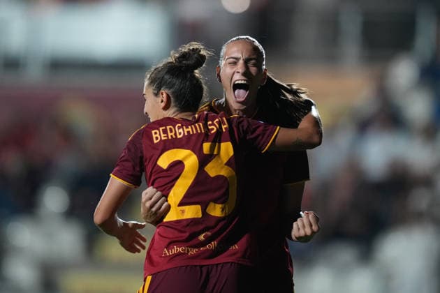 Roma™s Alice Corelli celebrates after scoring during the Serie A Women soccer match between Roma and Lazio at the Rome s Tre Fontane stadium, Italy - Saturday October 3, 2026 - Soccer ( Photo by Alfredo Falcone LaPresse )  Copyright: xAlfredoxFalcone LaPressex