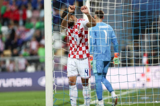 Rijeka, Croatia, 3rd October 2026. UEFA Nations League. Matchday 3, Group A3. Croatia v England at Rujevica, Rijeka. Josko GVARDIOL (4) feeling emotional after received goal. Croatia v England, UEFA Nations League. 